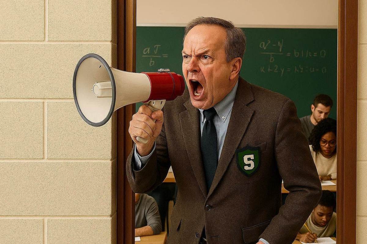 A professor in a Stanvard-crested blazer leans out a window shouting through a megaphone, with students taking math tests visible behind him.