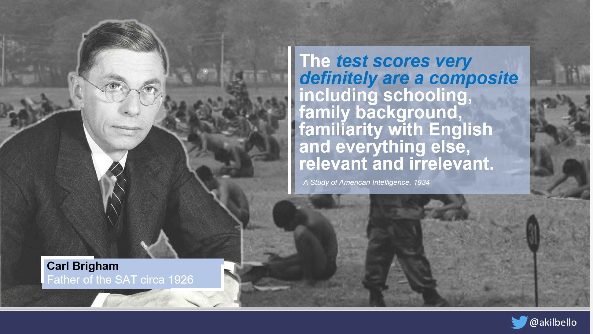 Carl Brigham quote: The test scores very definitely are a composite including schooling, family background, familiarity with English and everything else, relevant and irrelevant.