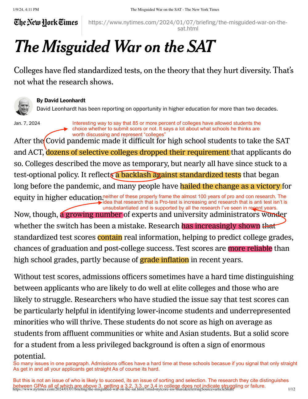 The Misguided War on the SAT — the New York Times, marked up