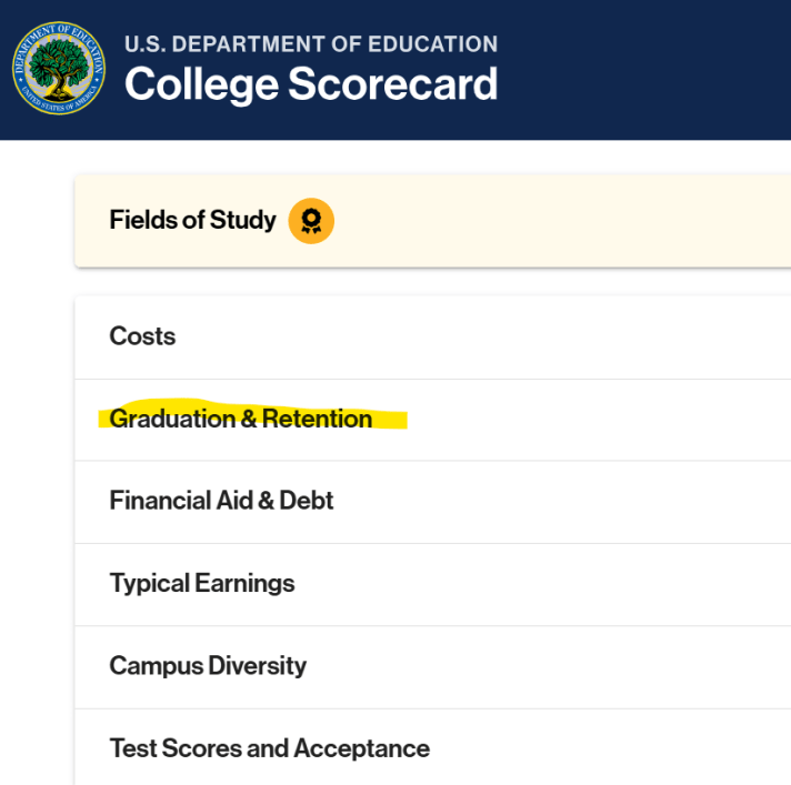 Screenshot: College Scorecard site with the Graduation & Retention section highlighted.