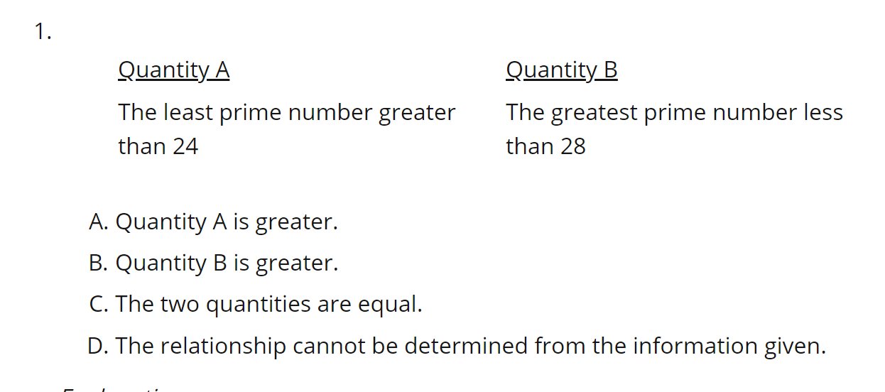 GRE Quantitative Comparison: least prime greater than 24 vs greatest prime less than 28
