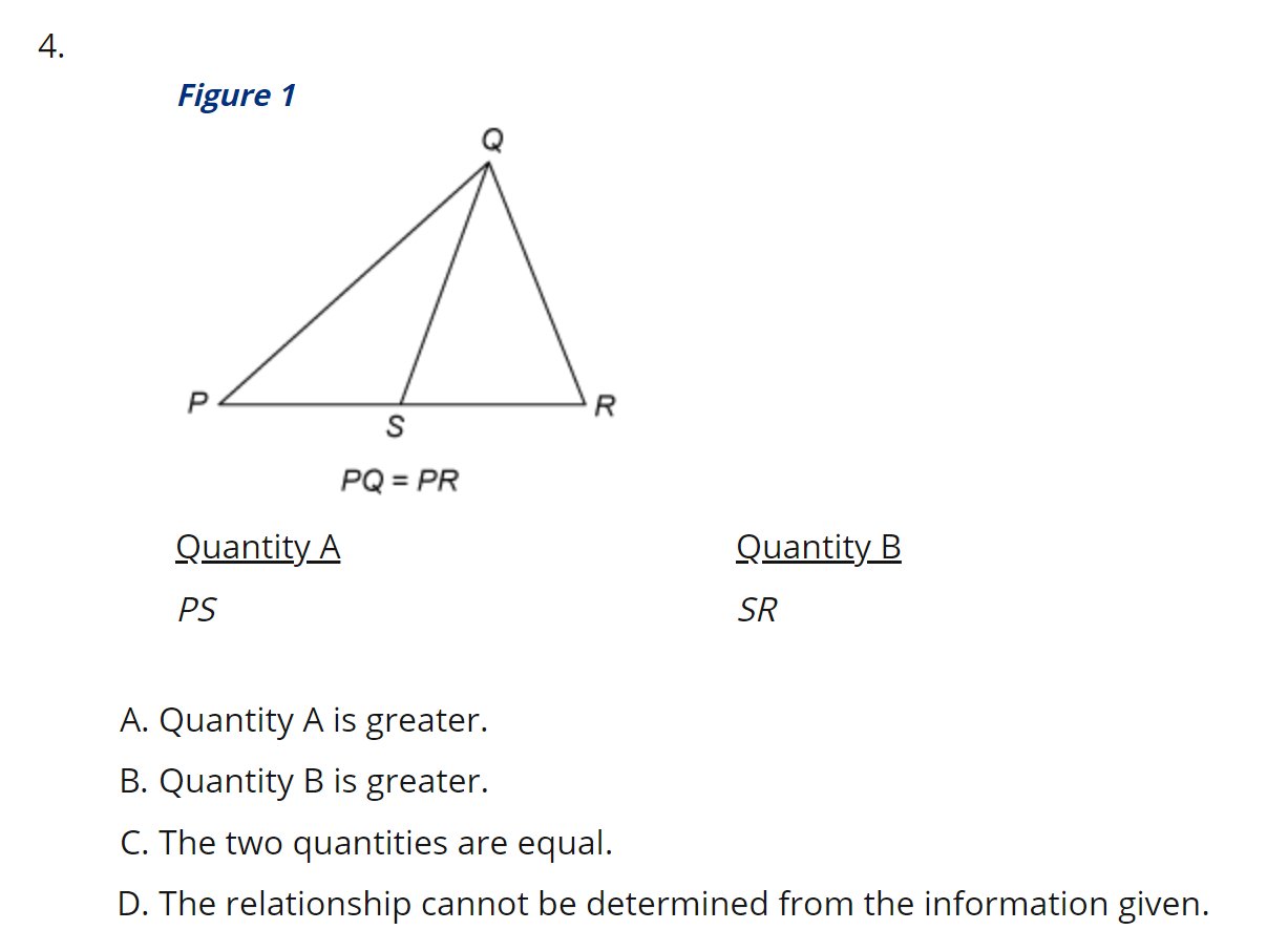 GRE Quantitative Comparison: triangle PQR with PQ=PR