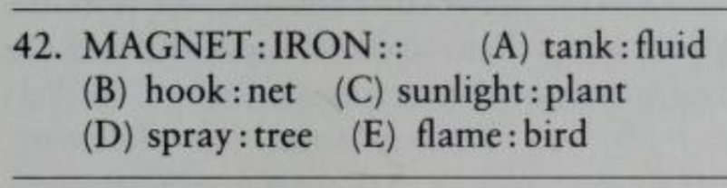1983 SAT analogy question: MAGNET:IRON :: (A) tank:fluid (B) hook:net (C) sunlight:plant (D) spray:tree (E) flame:bird