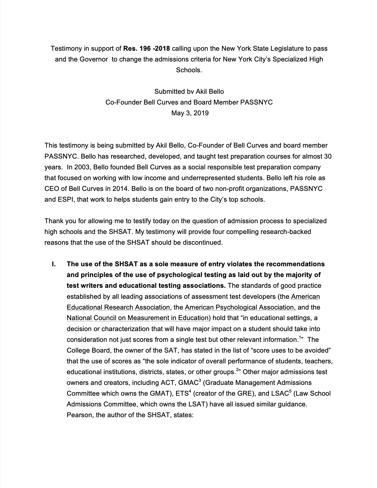 Cover of Written Testimony: SHSAT and New York City High School Admissions