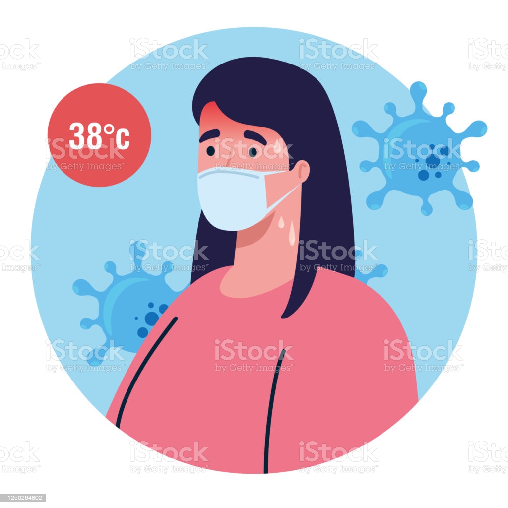 covid 19 coronavirus, hand holding infrared thermometer to measure body temperature, woman check with high temperature vector illustration design